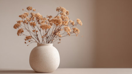A collection of dried flowers stands in a minimalist vase on a smooth surface. The muted colors create a warm, inviting atmosphere in the room, highlighting natural beauty.の素材