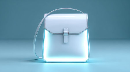 A modern white handbag features glowing edges, resting on a light blue surface. Its sleek design catches the eye, showcasing a contemporary fashion statement.の素材