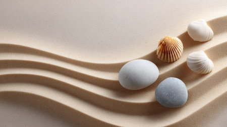 Smooth stones and colorful seashells are artistically placed on soft, light-colored sand, forming gentle waves. This arrangement evokes a relaxing beach atmosphere.の素材