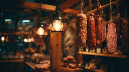 A rustic deli features a variety of cured sausages hanging from beams. Soft, warm lighting creates an inviting atmosphere, perfect for enjoying quality meats.の素材