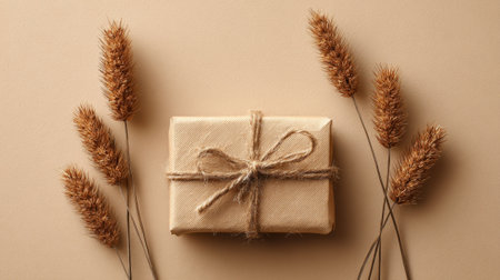 A decorative gift wrapped in simple brown paper and tied with twine sits on a soft beige surface. Dried grass stalks frame the package, adding a natural touch to the scene.の素材