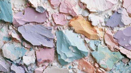 Bright pastel colors cover the wall with various paint layers that have chipped and peeled. This urban surface creates an interesting texture and visual appeal.の素材