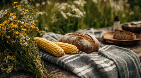 A spread of freshly baked bread and two ears of corn rests on a checkered cloth atop a wooden table. Wildflowers bloom around, creating a serene, sunny atmosphere.の素材