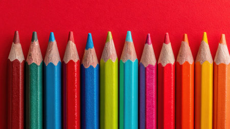 Brightly colored pencils are lined up on a vibrant red surface, showing a range of hues. The setup is ideal for art projects, school activities, or creative designs, inviting inspiration.の素材