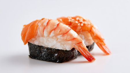 Fresh shrimp sushi is beautifully arranged with rice and seaweed on a clean, white surface, highlighting the vibrant colors and textures of the seafood.の素材