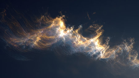 Swirling patterns of colors stretch across the sky, illuminated by soft sunlight. Hues of orange, gold, and blue create an ethereal view during a serene sunset.の素材