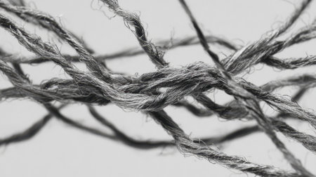 Close-up view reveals tightly woven strands of gray thread, highlighting the complex texture and patterns. The fibers intertwine in an artistic display, emphasizing craftsmanship.の素材