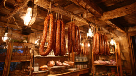 In a warm, rustic shop, rows of sausages hang from the ceiling, surrounded by wooden shelves filled with various meats. Lanterns add to the inviting atmosphere, highlighting the craftsmanship.の素材