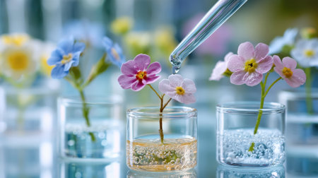 Colorful flowers are placed in small glass containers with water in a well-lit laboratory. A dropper adds liquid to observe changes in plant behavior and health.の素材