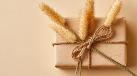 A beautifully wrapped brown gift box features dried grass bundled with twine, adding a rustic touch. The warm tones create an inviting atmosphere suitable for special occasions.の素材