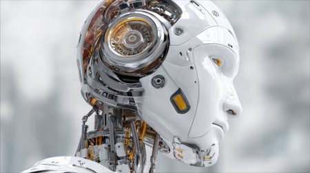 A close-up view of a futuristic robot head highlights intricate mechanical features and shiny surfaces. The design reveals a blend of metal and advanced engineering, symbolizing modern innovation.の素材