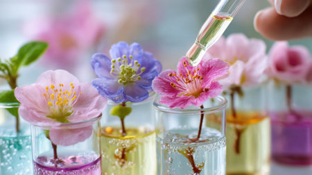 Flowers in various colors are placed in test tubes, creating a vibrant display. A dropper is used to add liquid, enhancing the flowers' beauty in a lab environment.の素材