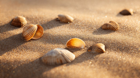 Seashells of various sizes are scattered across soft golden sand. The warm light of sunset casts gentle shadows, creating a peaceful beach scene inviting relaxation and exploration.の素材