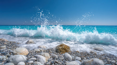 Waves gently crash against smooth, colorful pebbles along a tranquil beach under a bright blue sky. The scene captures the beauty of the ocean on a sunny day.の素材