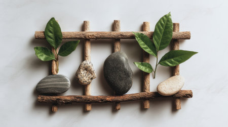 A creative display features smooth stones and fresh green leaves arranged on wooden sticks against a light background. This natural decor adds a calming touch to any space.の素材