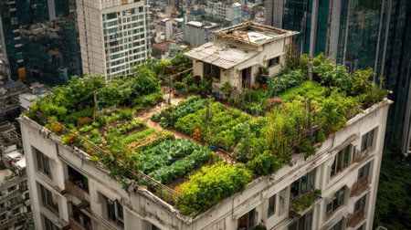 Nestled on top of a high-rise building, a vibrant rooftop garden blooms with various plants and vegetables. This green oasis exemplifies urban farming, thriving amidst the concrete jungle.の素材