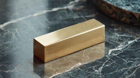 A shiny gold rectangular block sits on a dark marble surface. The block reflects light and the patterns of the marble, showing its polished finish and elegant appearance.の素材