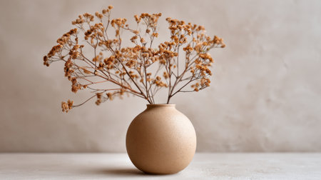 A bouquet of dried flowers stands tall in a round brown vase on a smooth surface. The soft, neutral background creates a peaceful atmosphere, perfect for a cozy space.の素材