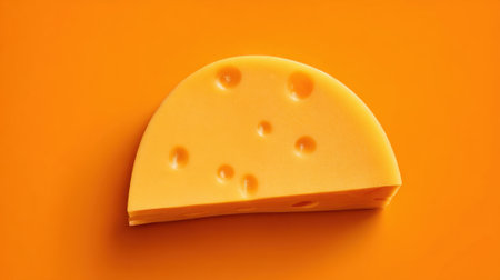 A slice of bright orange cheese with characteristic holes rests on a solid orange surface. The vivid colors bring attention to the cheese's texture and shape, inviting a delicious experience.の素材