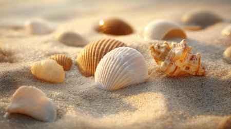 Various seashells of different shapes and colors are scattered across a sandy beach. The sunlight casts a warm glow, enhancing their beauty during the late afternoon.の素材