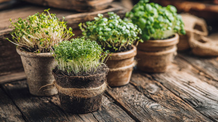 Potted small plants are arranged on a weathered wooden table. The healthy greenery shows vibrant growth, showcasing the beauty of indoor gardening in a cozy, rustic setting.の素材