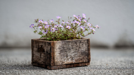 A wooden planter holds clusters of small purple flowers, resting on a weathered surface. The scene captures nature's beauty in a simple, charming way.の素材