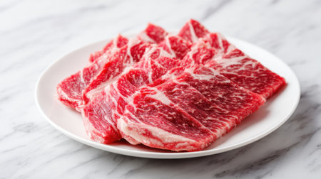 Freshly sliced beef ribs are neatly arranged on a white plate. The marbled meat showcases rich red and white colors, perfect for grilling. Ideal for a summer barbecue.の素材