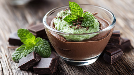 A rich chocolate mousse sits in a clear glass, topped with bright green mint cream and garnished with fresh mint leaves. Dark chocolate pieces surround the dessert on a wooden surface.の素材