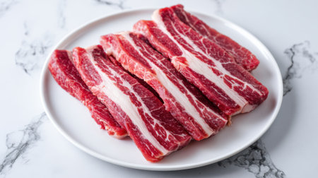 Freshly sliced beef ribs are neatly arranged on a white plate, showing off their marbled texture. Perfect for grilling or barbeque, they are ready to be cooked.の素材