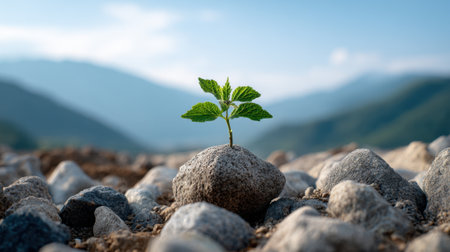 A small green plant emerges from a rock on a pebble-covered ground. The background shows a stunning mountain range with a bright blue sky, illustrating resilience in nature.の素材