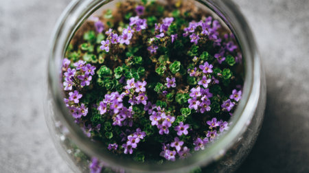 A clear glass container is filled with lush, green plants and delicate purple flowers. The arrangement highlights the intricate beauty of nature in a compact space.の素材