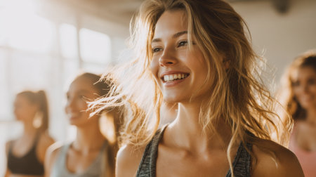 A cheerful and energetic woman leads a workout session with friends in a spacious fitness studio. Sunlight pours in, illuminating their joyful expressions as they engage in exercise.の素材