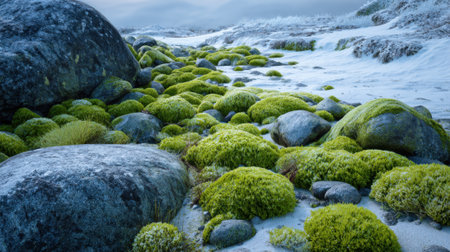 Rocky shoreline features vibrant green moss covering stones among sand and waves. The tranquil scene captures nature's beauty during early morning light.の素材