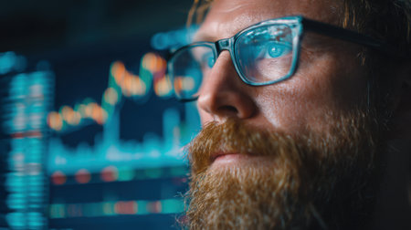 A man with a beard and glasses intently watches financial data on a screen. The setting is a dimly lit office full of technology, showing graphs and charts.の素材