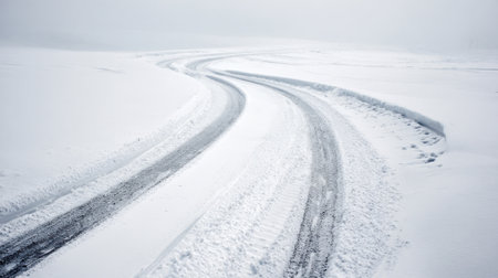 A winding road cuts through a thick blanket of snow in a foggy environment. The landscape is quiet and serene, showing winter's stillness. Fresh tracks add interest to the scene.の素材