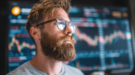 A young bearded man is focused on analyzing stock market trends in a contemporary office. Various colorful graphs and data points appear on the screens behind him, indicating market activity.の素材