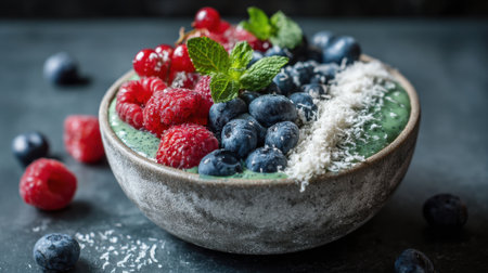 A vibrant smoothie bowl features layers of green smoothie topped with fresh blueberries, raspberries, and shredded coconut. The bowl sits on a dark countertop, enhancing its colors.の素材