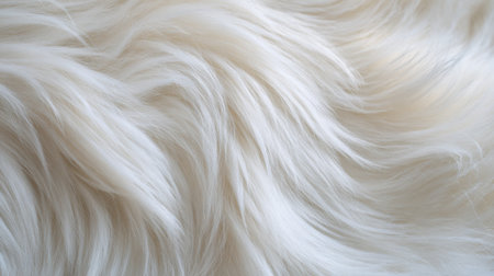 The image shows a close-up of soft white fur with flowing strands. Light enhances the delicate texture, creating a serene and calming ambiance throughout the scene.の素材