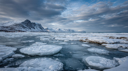 Ice formations cover the water in a remote coastal region. Majestic mountains rise in the background under a dramatic sky, showcasing a serene winter scene.の素材