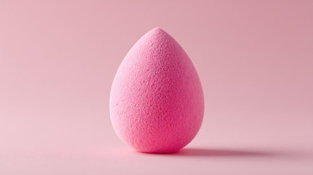 A soft pink makeup sponge rests upright on a smooth pastel pink surface. The sponge is designed for blending and applying cosmetics, making it essential for beauty routines.の素材