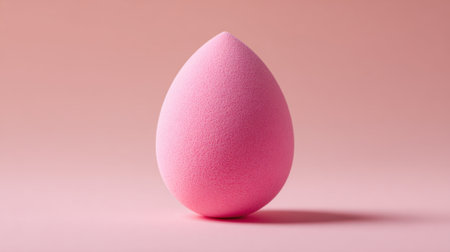 A bright pink makeup sponge stands upright on a soft pastel surface. This beauty tool is perfect for blending products seamlessly during makeup application.の素材