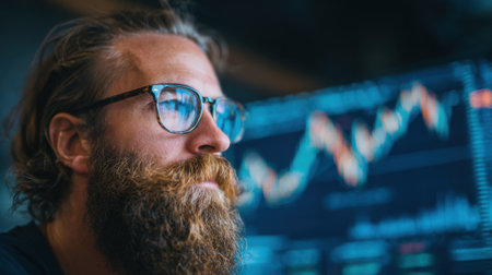 Trader with a thick beard and glasses studies market data on a screen. The room is dimly lit, showcasing glowing graphs and trading indicators. Concentration is evident as he evaluates trends.の素材