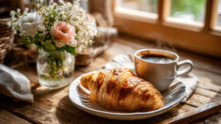 A cup of hot coffee sits beside a flaky croissant on a plate. Fresh flowers in a jar add a touch of beauty to the table by a sunny window in a warm cafe.の素材