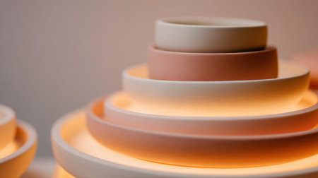 Ceramic bowls in soft colors are arranged in a stacked formation, highlighting their smooth textures and the warm glow from the light below. The scene feels inviting and modern.の素材