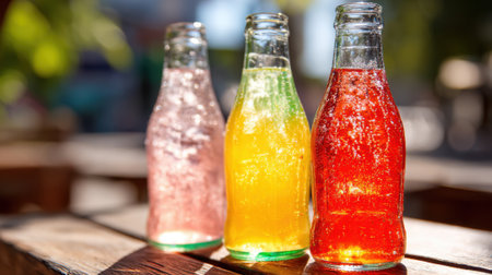 Three glass bottles filled with vibrant sparkling drinks are placed on a wooden table. The setting is bright and sunny, evoking a refreshing outdoor atmosphere.の素材