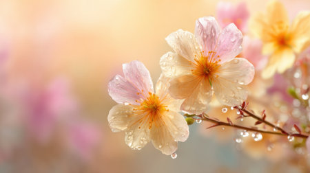 Delicate flowers in soft pastel colors bloom with water droplets glistening on their petals. The background features a gentle blur, enhancing the spring atmosphere.の素材