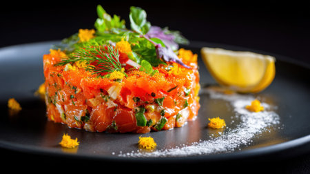 Salmon tartare is beautifully arranged on a black plate, garnished with vibrant herbs and spices. A lemon slice adds a refreshing touch to this gourmet dish.の素材