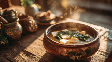 A steaming bowl of soup filled with tofu and fresh spinach sits on a rustic wooden table. The warm lighting creates a cozy atmosphere, enhancing the inviting meal presentation.の素材