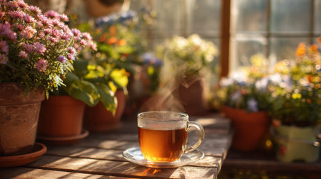 A cup of steaming tea rests on a rustic wooden table inside a sunny greenhouse. Colorful flowers in pots add beauty to the tranquil setting.の素材
