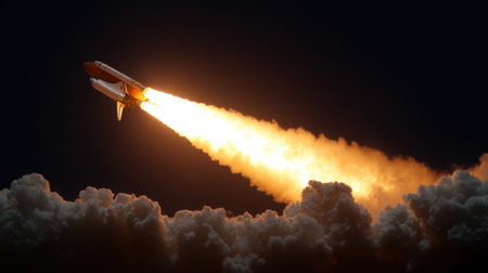 A rocket ignites its engines during a nighttime launch, sending bright flames upward. The powerful thrust creates a stunning display against the dark sky, surrounded by thick clouds.の素材